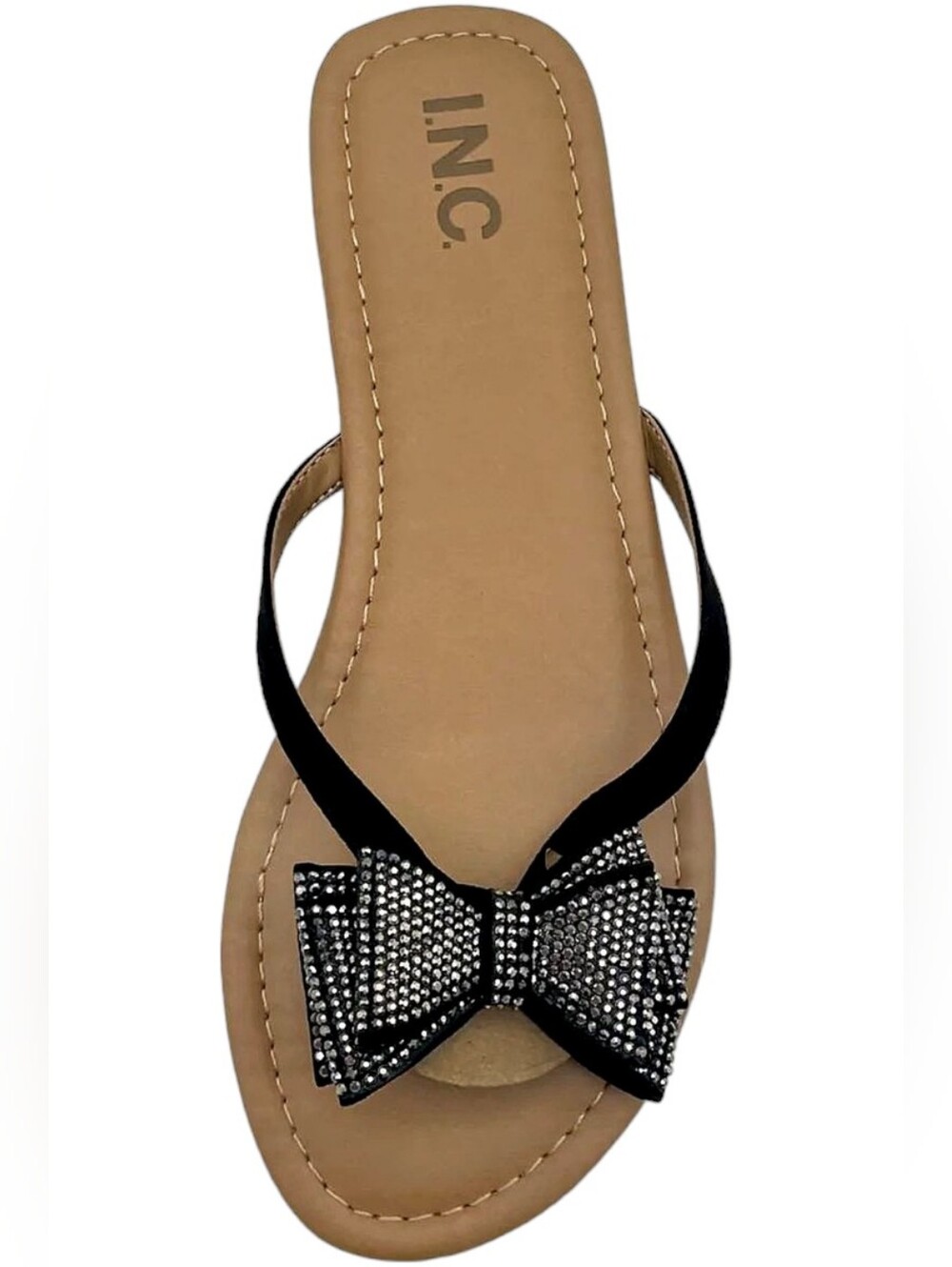 I.N.C. Mabae Rhinestone Bow Flat Sandals Black Bling Slip On 12 NIB